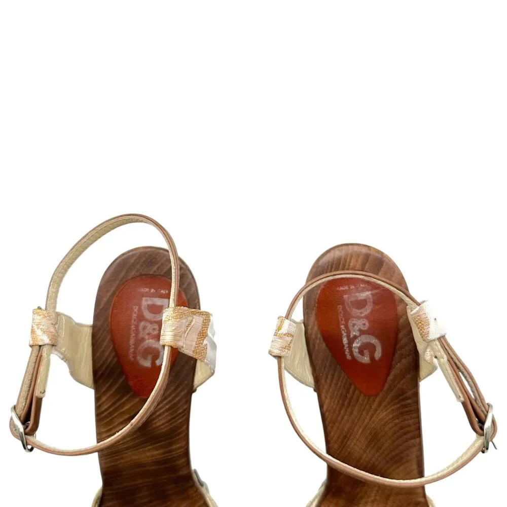 D&G Dolce & Gabbana Gold Damask & Wooden Wedge Sandals